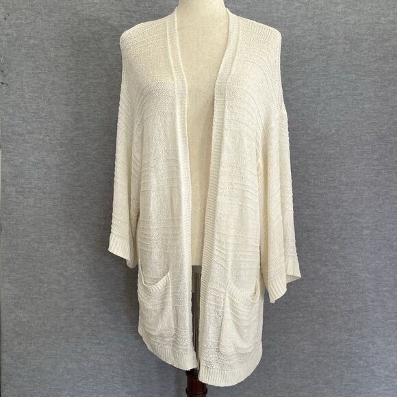 Old Navy Oversized Cardigan Sweater M w/ Pockets Beige Duster Coastal Minimalist - Picture 2 of 12
